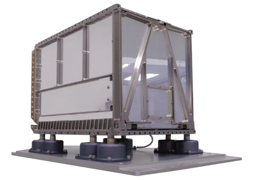 The TDO-2 canisterized dispenser mounted on isolators above its adapter plate.